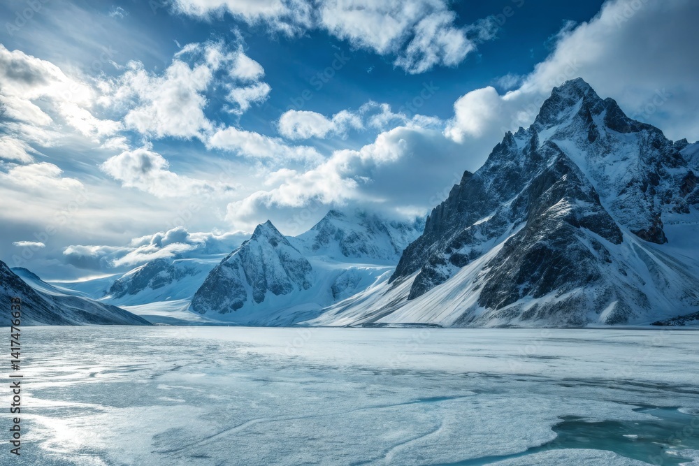 Frozen Landscape with Snow-Capped Mountains Frozen Landscape with Snow-Capped Mountains