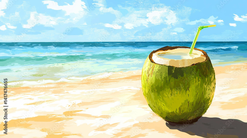 Illustration of a painted green coconut with a paradisiac beach in the background