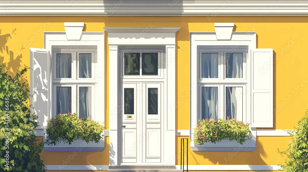Illustration of a home facade in yellow color and white windows close-up