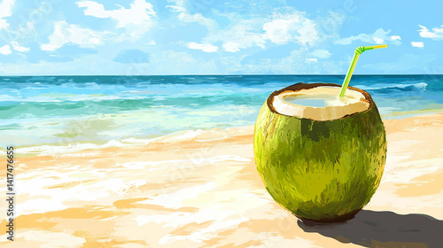 Obraz na płótnie Illustration of a painted green coconut with a paradisiac beach in the background w salonie