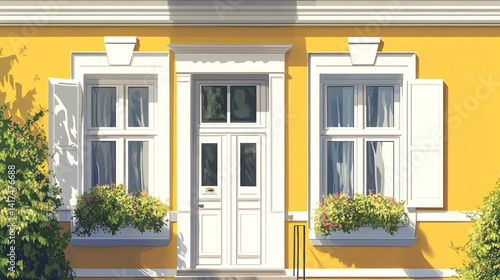 Obraz na płótnie Illustration of a home facade in yellow color and white windows close-up w salonie
