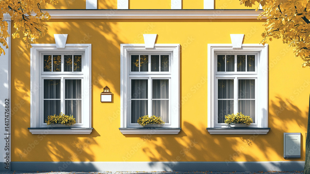 Illustration of a home facade in yellow color and white windows close-up
