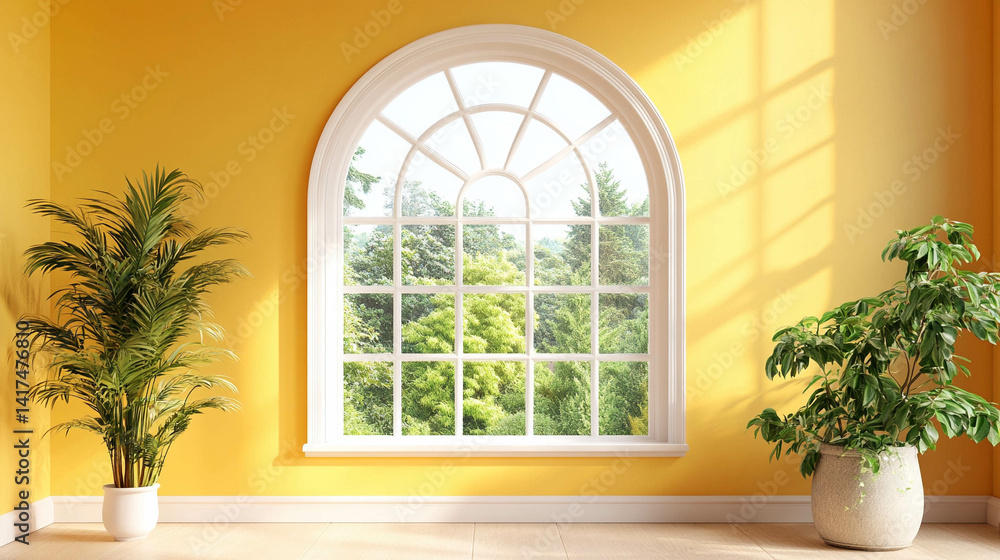 An empty living roowm with a light yellow wall color and a white wooden window and greenery view close-up