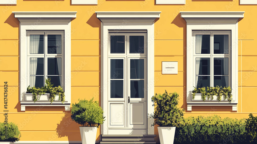 Illustration of a home facade in yellow color and white windows close-up