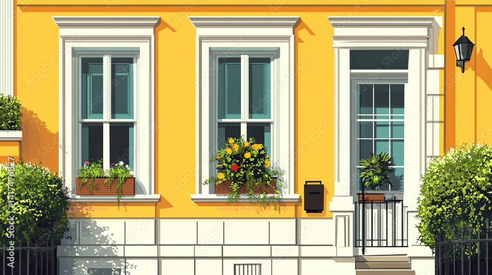 Illustration of a home facade in yellow color and white windows close-up