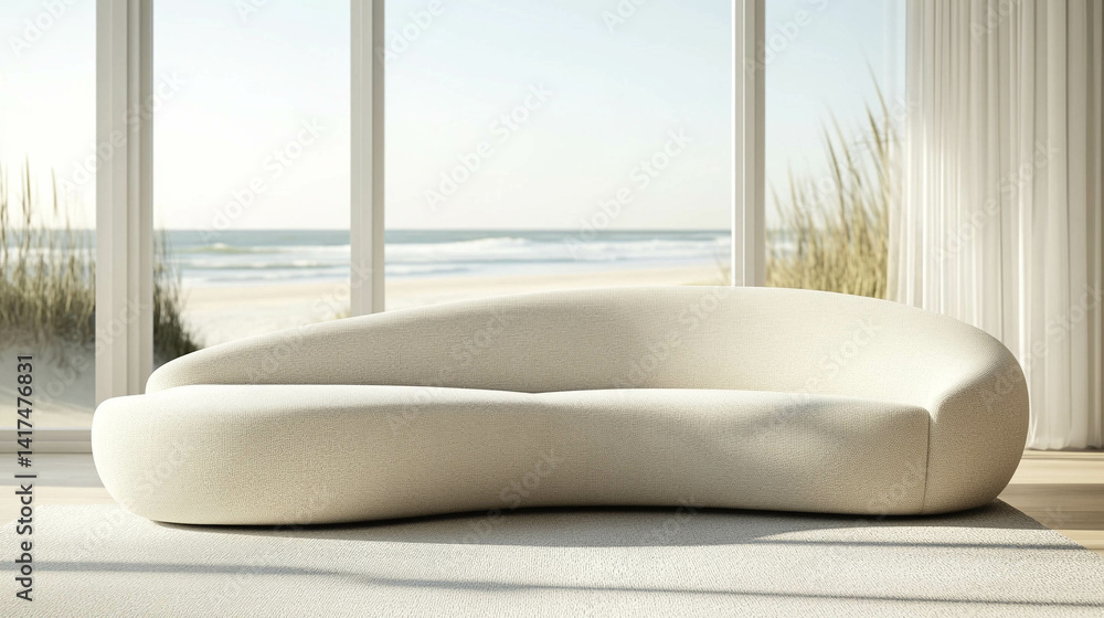 A modern curved sofa in light color in front of a bright window with a perfect blue ocean view