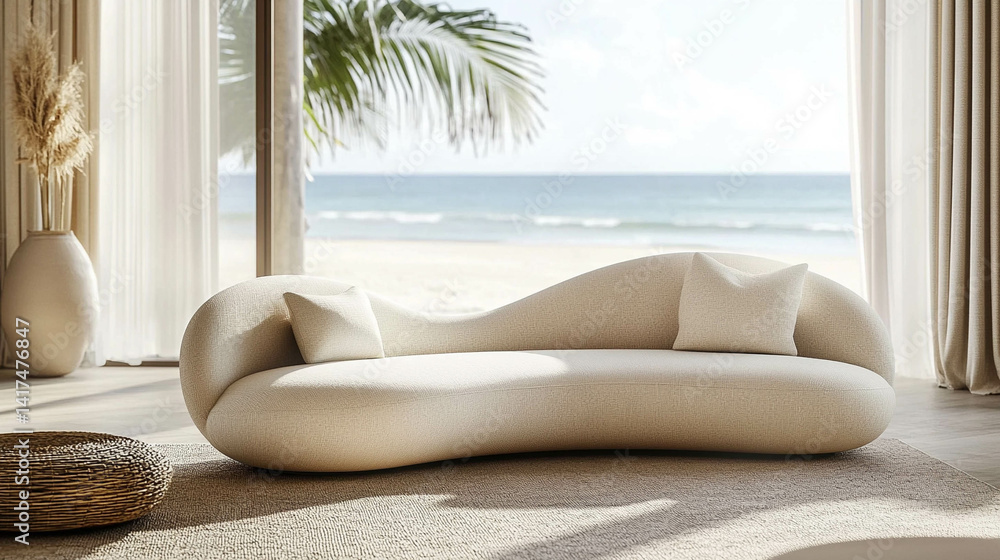 A modern curved sofa in light color in front of a bright window with a perfect blue ocean view