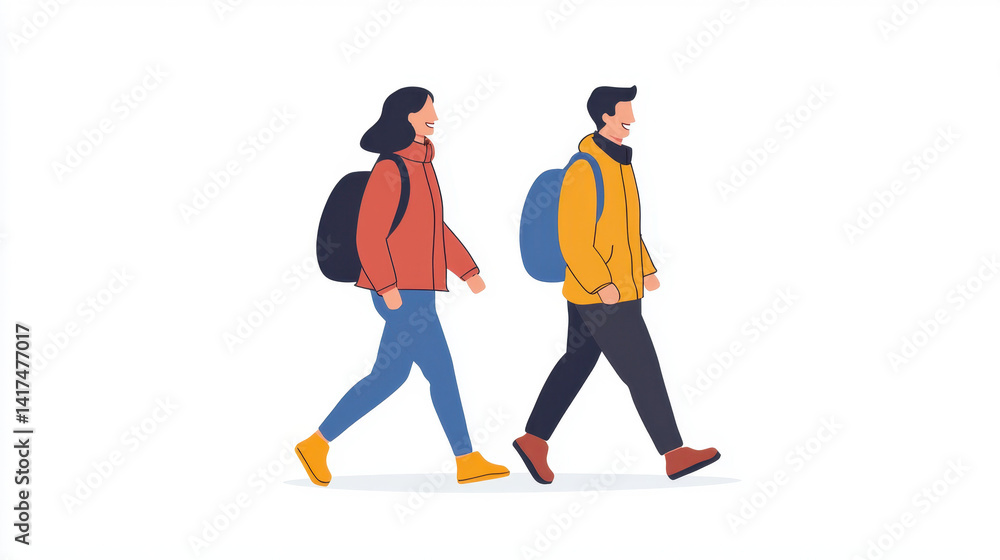 Obraz premium happy couple walking side by side, each carrying backpack, symbolizes companionship and adventure