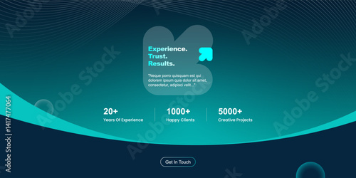 Modern business banner design with abstract curves and gradients, ideal for corporate websites, presentations, landing pages, and branding. Professional layout with stats and CTA button.