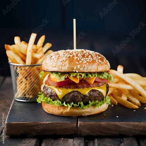 Juicy cheeseburger with golden fries a delicious meal on dark wood perfect comfort food