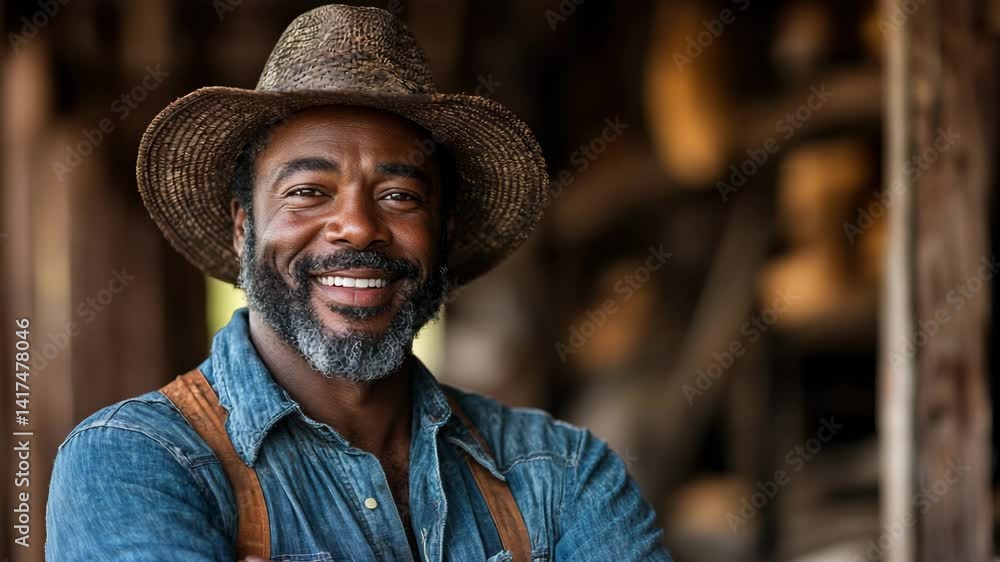 Portrait of a Seasoned Farmer: Happy Man in Denim with Hat Smiling in Rural Agriculture Setting Portrait of a Seasoned Farmer: Happy Man in Denim with Hat Smiling in Rural Agriculture Setting