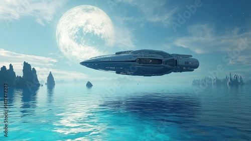 Fototapeta Naklejka Na Ścianę i Meble -  Futuristic space ship hovering over a tranquil sea beneath a luminous moonscape