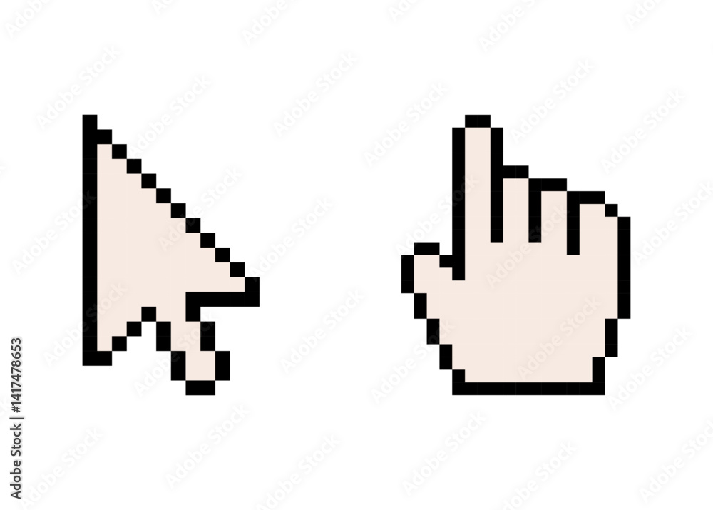 Pixelated beige mouse pointer and hand cursor icons, pixel art, Pixelated hand cursor, Pixelated Computer Cursors, cursor icons for games. Pixelated beige mouse pointer and hand cursor icons, pixel art, Pixelated hand cursor, Pixelated Computer Cursors, cursor icons for games.