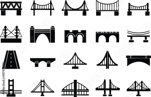 Black and white silhouette of a cable-stayed bridge, perfect for architecture and engineering graphics