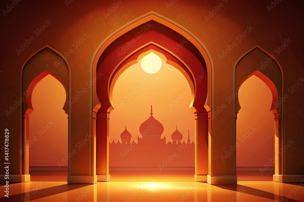 Fototapeta premium Warm orange to deep red with stylized mosque arch shadows