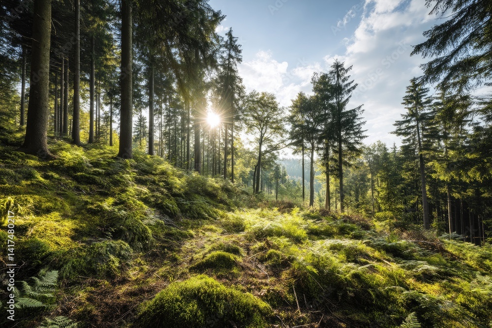 Sunlight through lush forest Sunlight through lush forest
