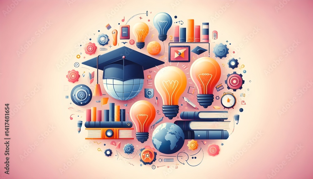 Obraz premium Flat vector illustration of academic elements like lightbulbs, books, and graduation cap in modern pastel color scheme