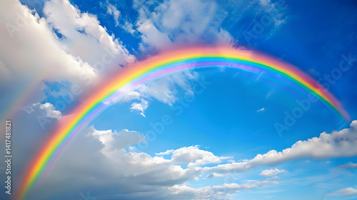Fototapeta Naklejka Na Ścianę i Meble -  A vibrant rainbow arching across a blue sky with scattered clouds