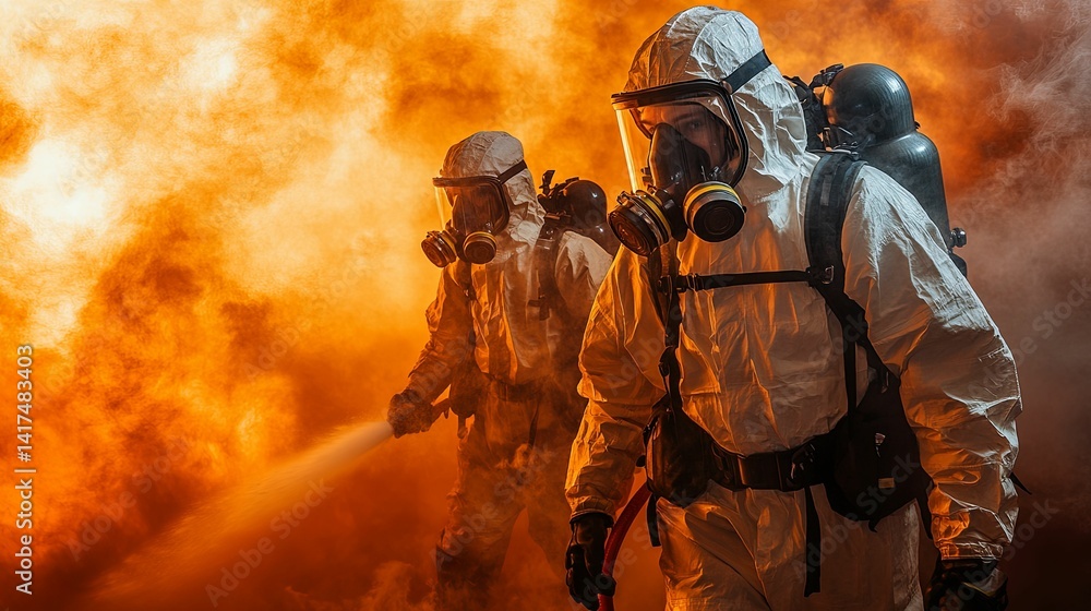 Fototapeta premium Protective personnel combat intense blaze.