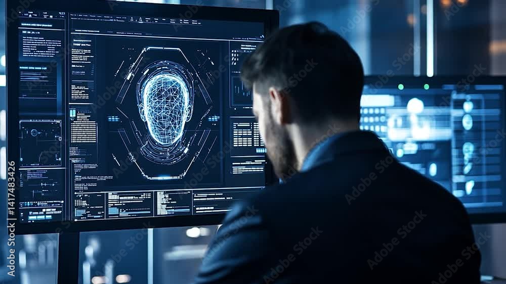 Man analyzing digital facial recognition data in a high-tech office Man analyzing digital facial recognition data in a high-tech office