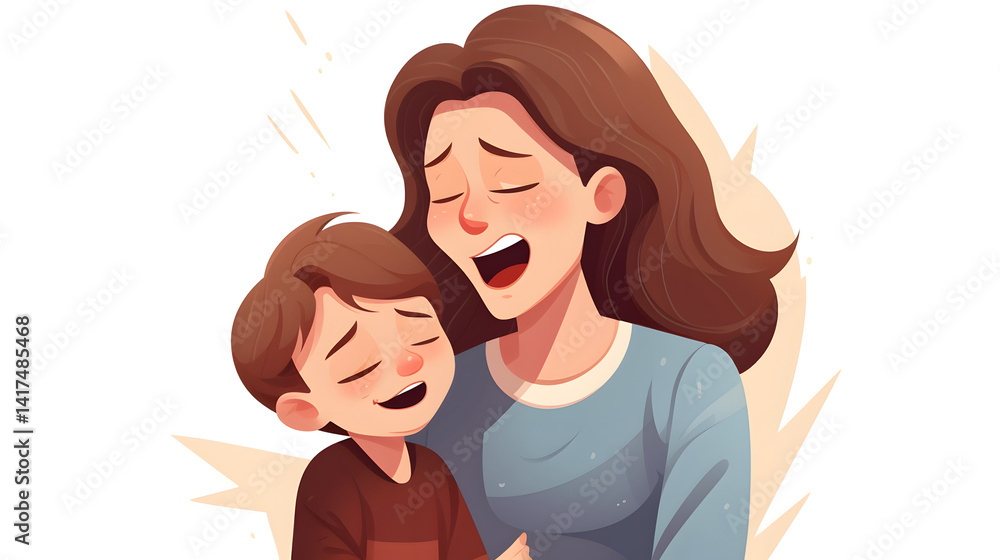 Stressed Mother Fatigued by Crying Child in Loud Cartoon Vector Illustration Stressed Mother Fatigued by Crying Child in Loud Cartoon Vector Illustration