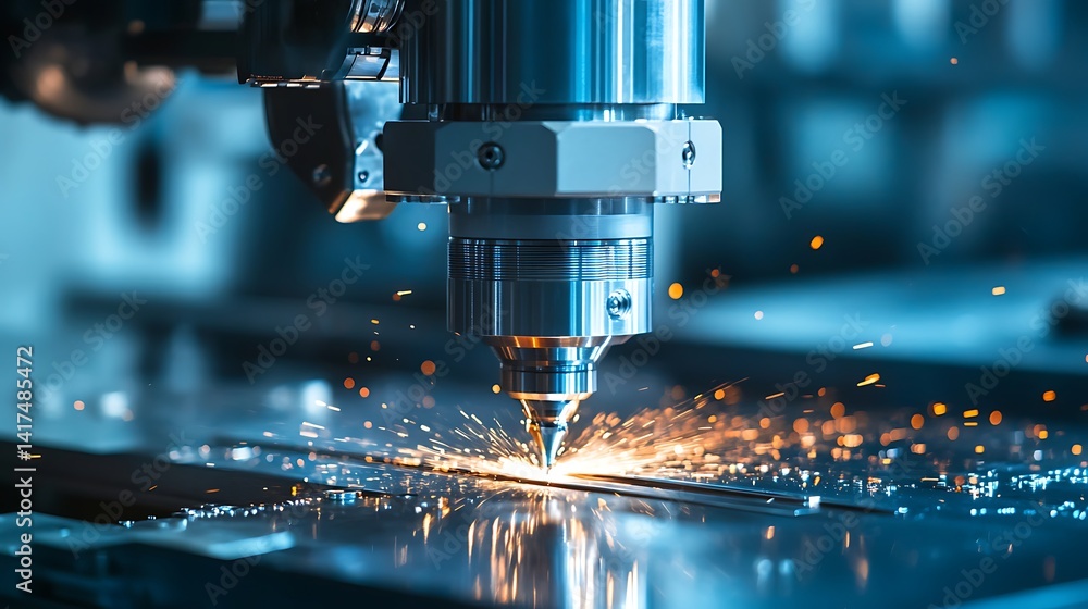 Precision cutting: close-up of industrial laser machine with sparks flying Precision cutting: close-up of industrial laser machine with sparks flying