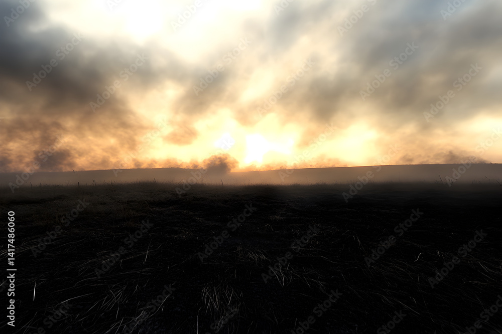 Fototapeta premium A quiet, empty battlefield with rolling fog, smoke, and distant shadows of soldiers.