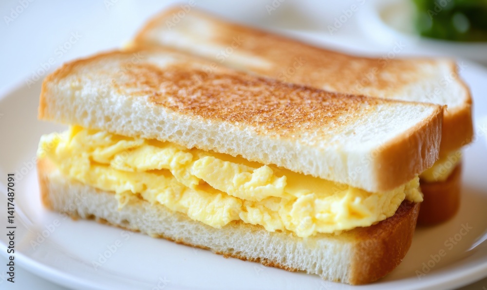 Delicious and perfectly sliced egg sandwiches, with fluffy and creamy egg filling, golden-yellow in color, placed on a white plate. Delicious and perfectly sliced egg sandwiches, with fluffy and creamy egg filling, golden-yellow in color, placed on a white plate.