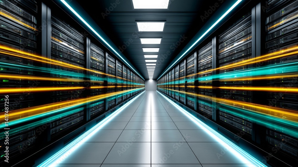Futuristic Data Center with Bright Lights and Server Racks Futuristic Data Center with Bright Lights and Server Racks