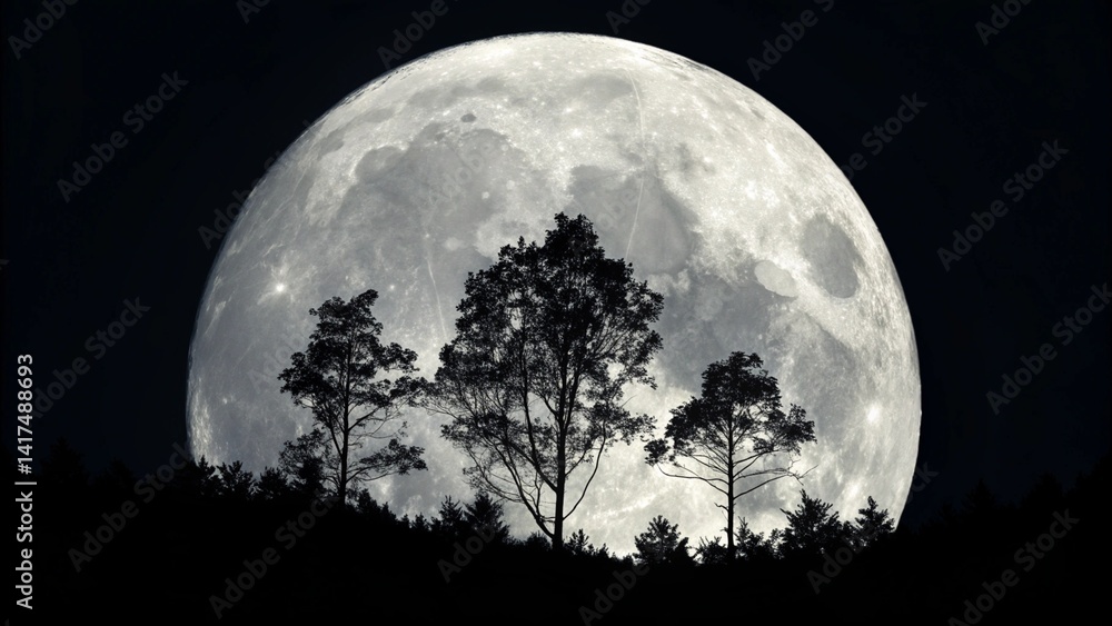 Fototapeta premium The majestic moon rising behind the silhouette of trees in a dark night