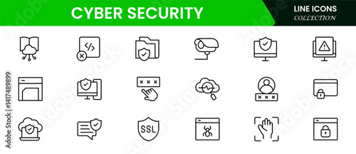 Cyber security icon set with information, technology, data network, malware, virus, unauthorized access and protected.