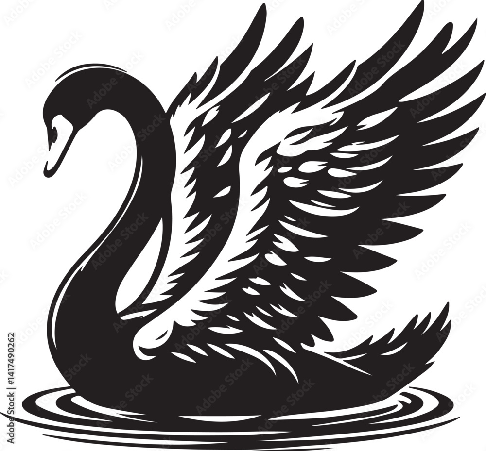 Fototapeta premium A stylized black swan with intricate feather details floating on water ripples illustration art