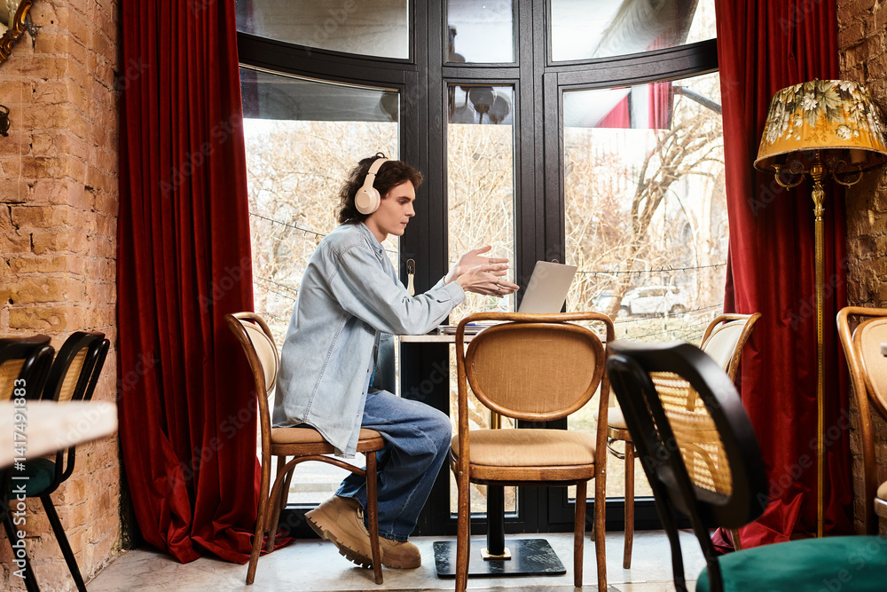 Fototapeta premium Young man enjoys leisure time at a cozy cafe while connecting digitally with others
