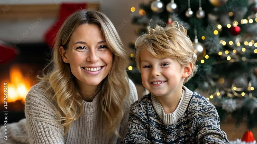 Mother and son smile by festive tree & fireplace. Cozy holiday scene Mother and son smile by festive tree & fireplace. Cozy holiday scene