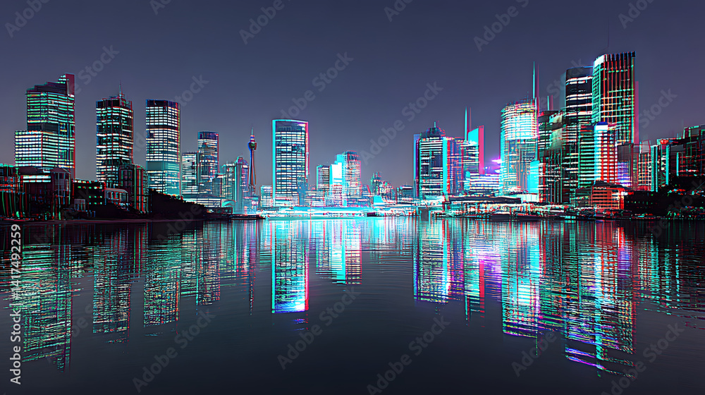 Fototapeta premium City Skyline background with 3d glitch effect, retro 80s, 70s synthwave cityscape
