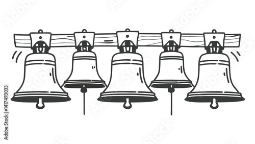 Five Church Bells Hanging on Wooden Beam Hand Drawn Illustration