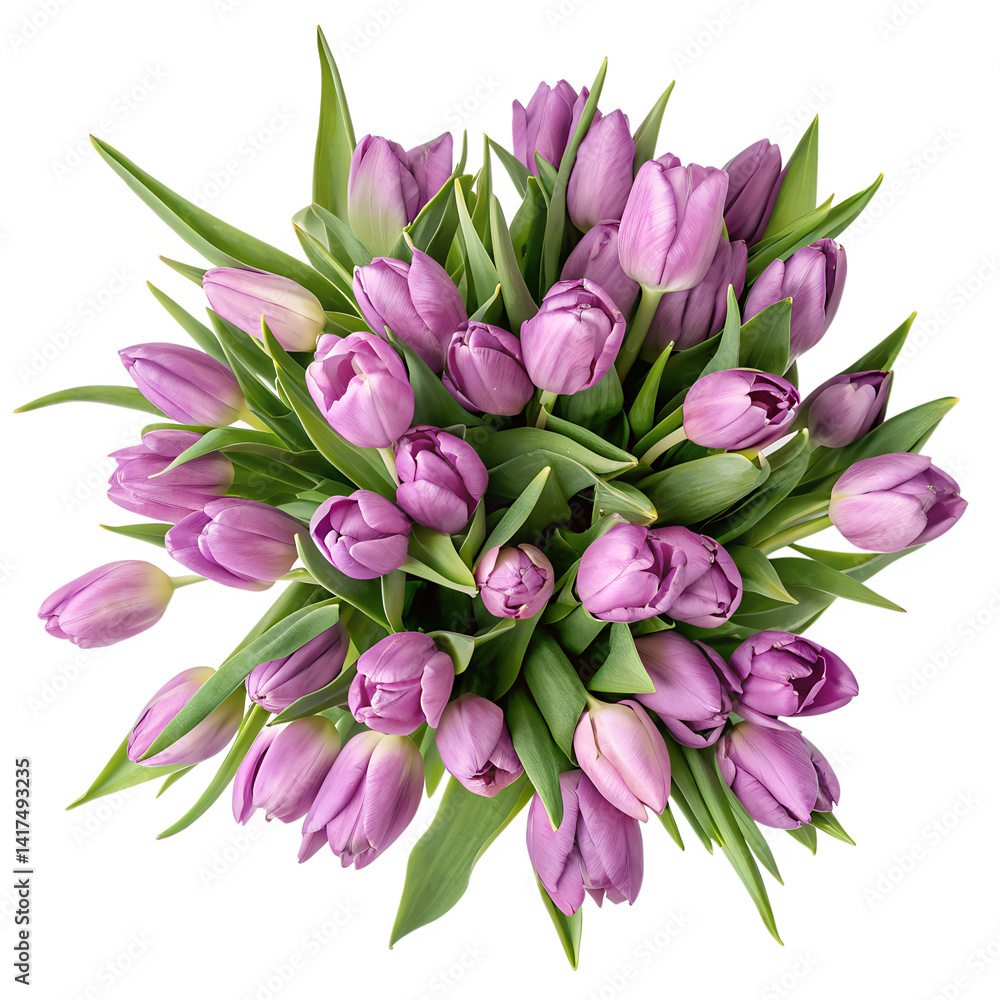 Obraz premium Top Down View of a Big Bouquet of Violet Tulips on a Transparent Background 