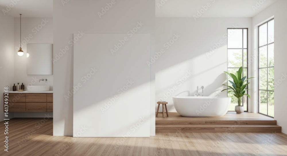 Fototapeta premium Minimalist Bathroom with Blank Wall Mockup