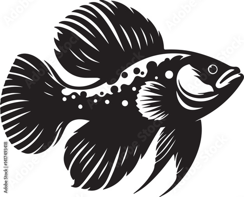 A detailed black and white illustration of a betta fish swimming gracefully to the left side