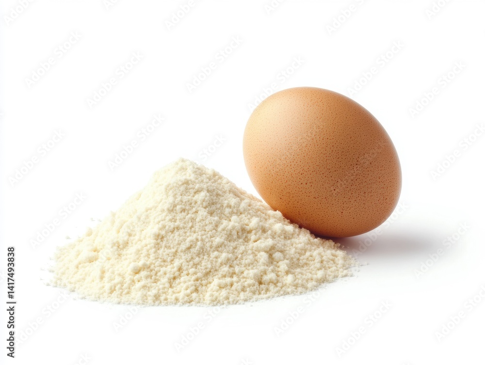 Brown egg placed next to a mound of flour on a white background