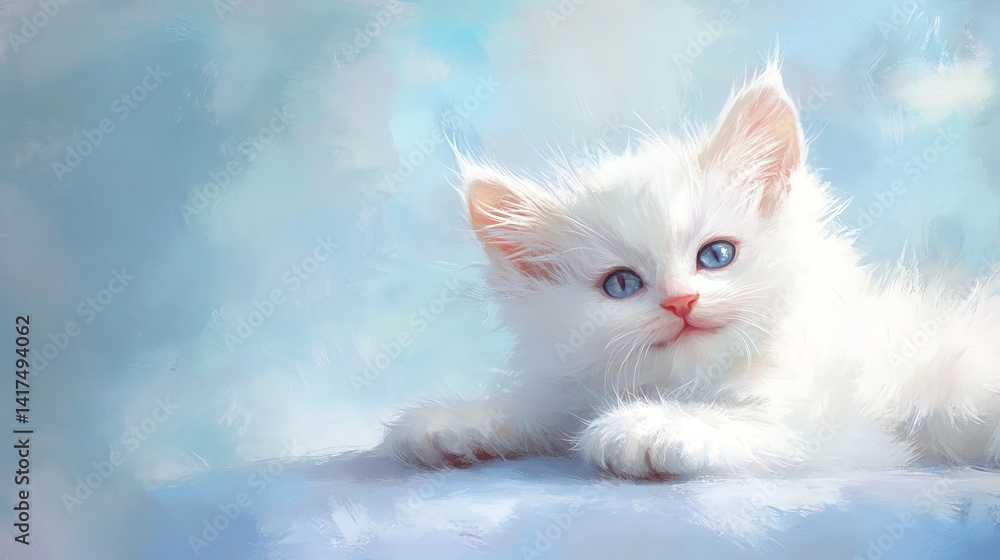 Fototapeta premium Fluffy white kitten resting on soft background.