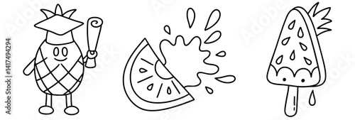 Pineapple character celebrates with diploma alongside watermelon slice and popsicle, creating fun summer vibe