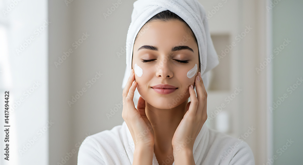 Serene woman with towel turban, applying facial cream, eyes closed, soft light. Serene woman with towel turban, applying facial cream, eyes closed, soft light.