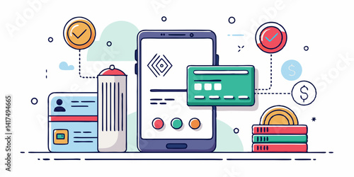  Minimalist line art illustration of a smartphone displaying a digital payment transaction, symbolizing online banking and cashless payment methods.