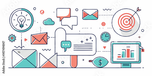 A minimalist line art depiction of a digital marketing campaign with various icons such as email, megaphone, and social media.


