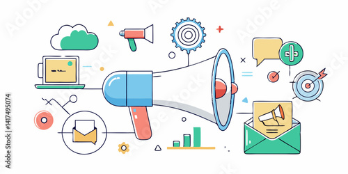 Minimalist line art design of a megaphone with digital icons representing a marketing campaign, digital marketing strategy, and social media promotion.