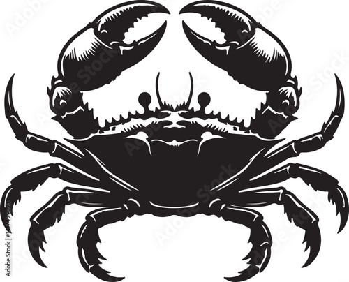 A detailed black and white illustration of a crab with large claws on a plain white background