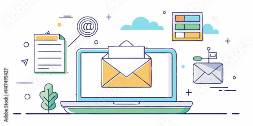 A minimalist line art illustration of a laptop displaying an email marketing campaign.

