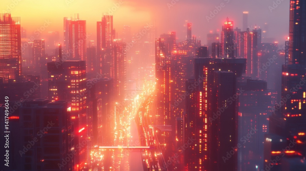 Fototapeta premium A vibrant city skyline at dusk, illuminated by glowing lights, showcasing towering buildings and a bustling road filled with traffic.