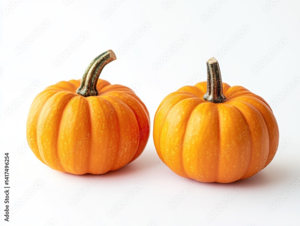 Obraz premium Two bright orange pumpkins on clean white background during autumn